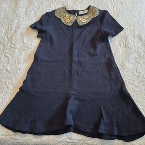 Zara girls size 10 dark navy almost black dress enbroidered front faux collar